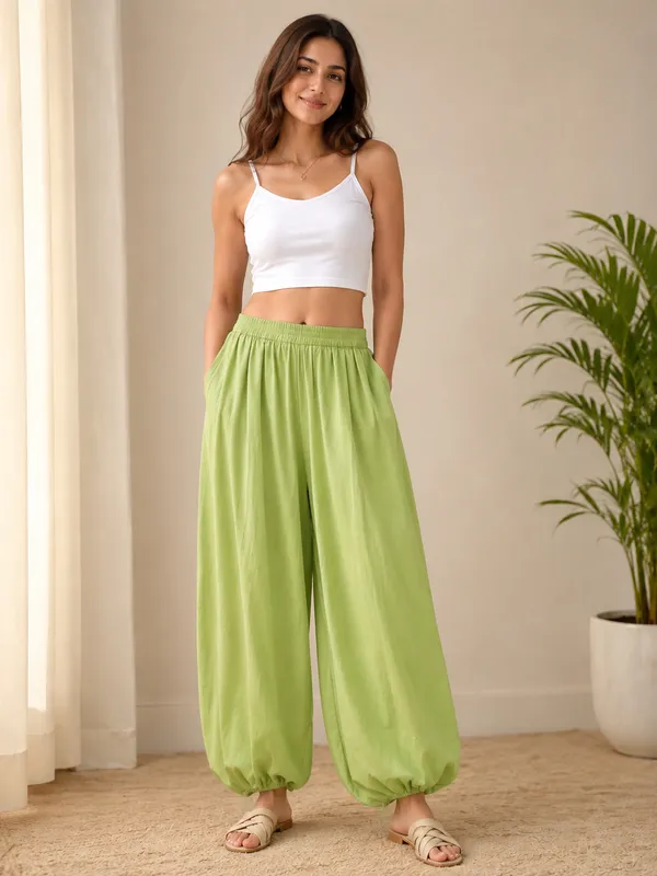Mint_Green_Cotton_Wide_Leg_Elasticated_Hem_Pants_For_Women