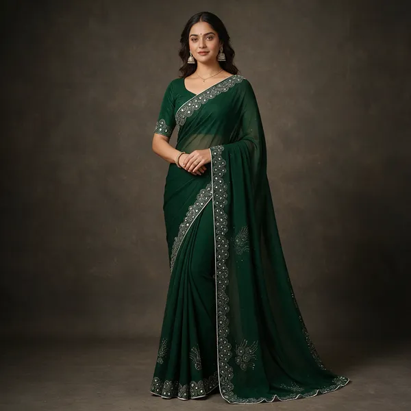 Green_Georgette_Floral_Motif_Saree_With_Blouse_Piece_For_Women