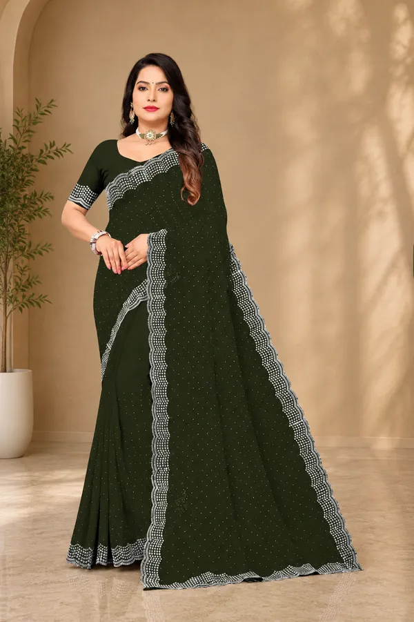Green_Georgette_Dotted_Scalloped_Border_Saree_With_Blouse_For_Women