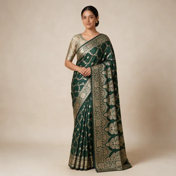 Green_Satin_Silk_Paisley_Floral_Woven_Saree_With_Blouse_Piece_For_Women