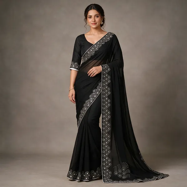 Black_Georgette_Embellished_Saree_With_Blouse_Piece_For_Women