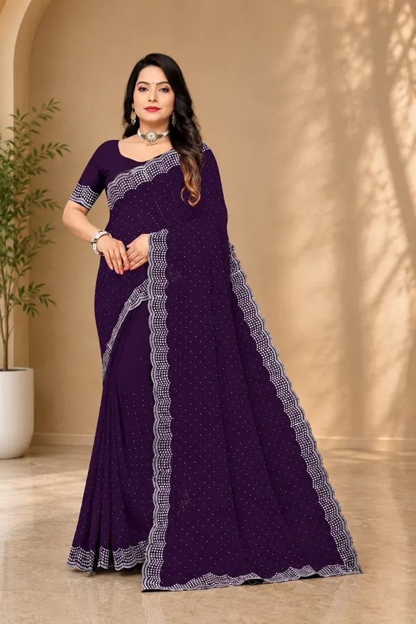 Purple_Georgette_Dotted_Scalloped_Border_Saree_With_Blouse_For_Women