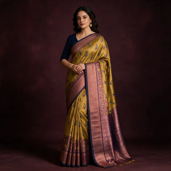 Mustard_Satin_Silk_Paisley_Woven_Saree_With_Blouse_Piece_For_Women