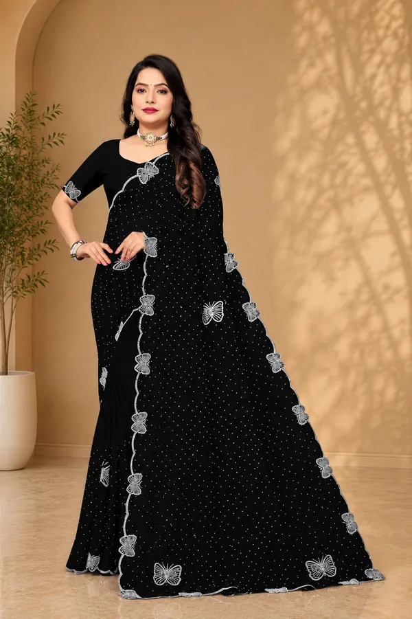 Black_Georgette_Butterfly_Embroidered_Saree_With_Blouse_Piece_For_Women