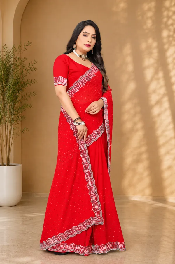 Red_Georgette_Embellished_Scalloped_Border_Saree_With_Blouse_Piece_For_Women