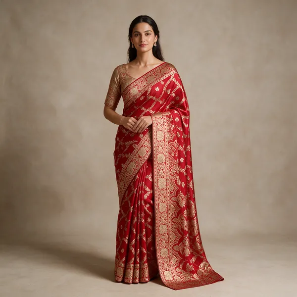Red_Satin_Silk_Floral_Woven_Saree_With_Blouse_Piece_For_Women