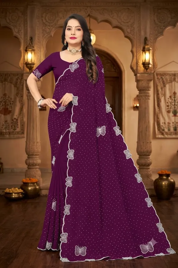 Wine_Georgette_Embroidered_Saree_With_Blouse_Piece_For_Women