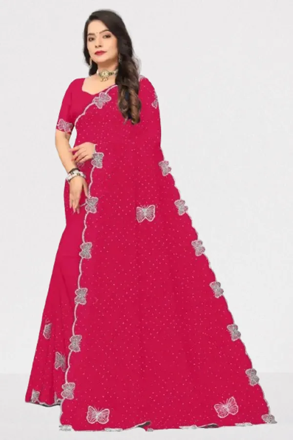 Pink_Georgette_Butterfly_Motif_Saree_With_Blouse_Piece_For_Women