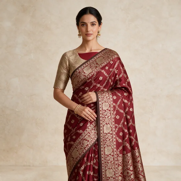 Maroon_Satin_Silk_Floral_Woven_Saree_With_Blouse_Piece_For_Women