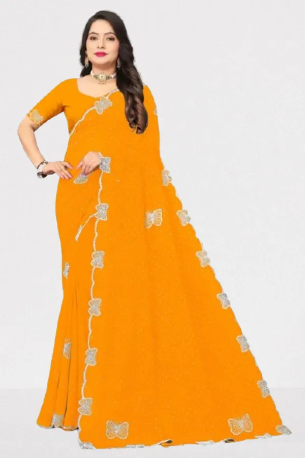 Yellow_Georgette_Butterfly_Embroidered_Saree_With_Blouse_Piece_For_Women