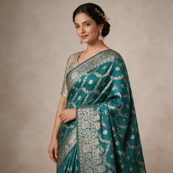 Teal_Satin_Silk_Floral_Woven_Saree_With_Blouse_Piece_For_Women