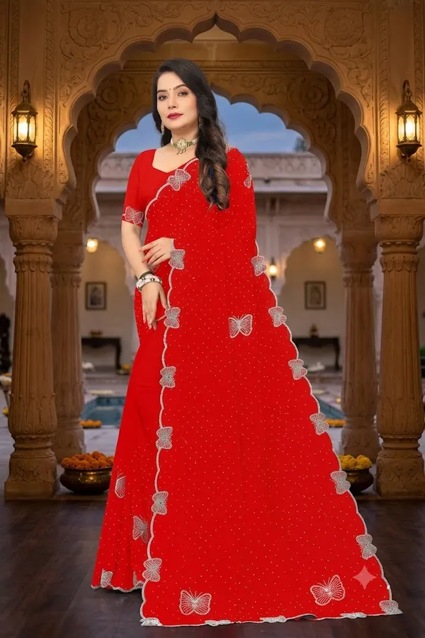 Red_Georgette_Butterfly_Motif_Embroidered_Saree_With_Blouse_Piece_For_Women