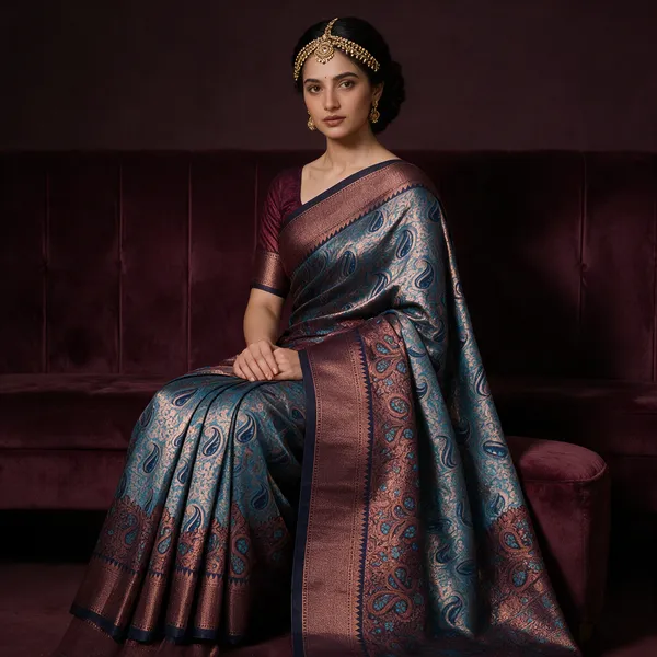 Blue_Satin_Silk_Paisley_Floral_Saree_With_Blouse_For_Women