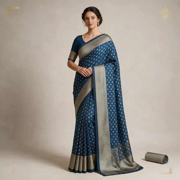 Blue_Satin_Silk_Floral_Print_Saree_With_Blouse_Piece_For_Women