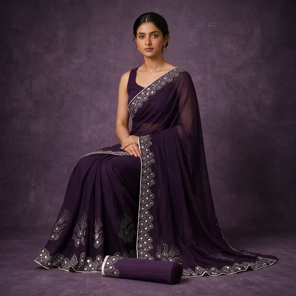 Wine_Georgette_Embellished_Saree_With_Blouse_Piece_For_Women