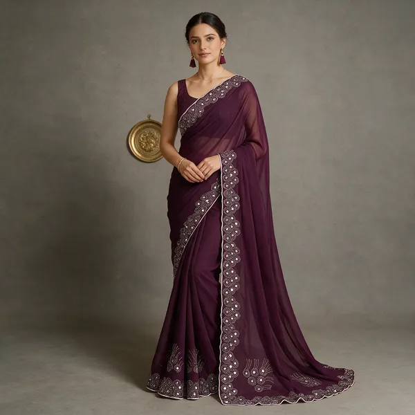 Purple_Georgette_Embellished_Saree_With_Blouse_Piece_For_Women