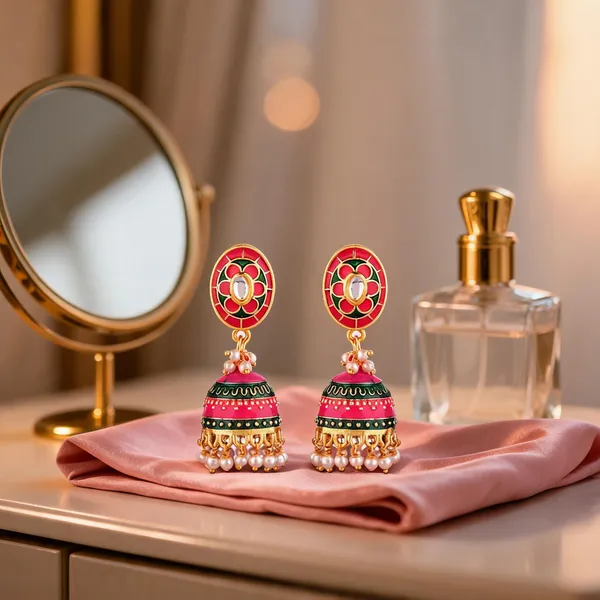 Prizetaa_Pink_And_Green_Meenakari_With_Pearl_Dangler_Earrings
