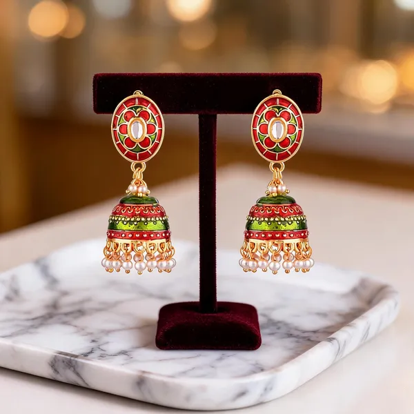Prizetaa_Red_And_Green_Meenakari_With_Pearl_Dangler_Earrings