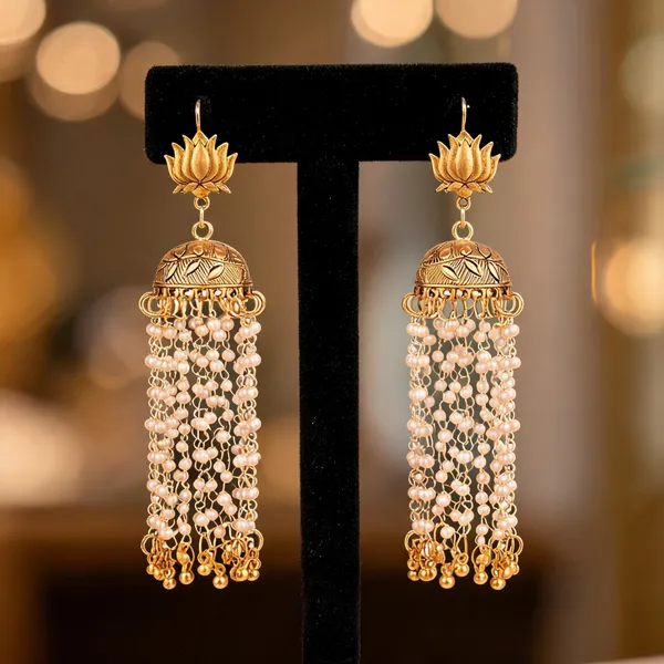 Prizetaa_Golden_And_White_Pearl_Lotus_With_Long_Strand_Traditional_Dangler_Earrings
