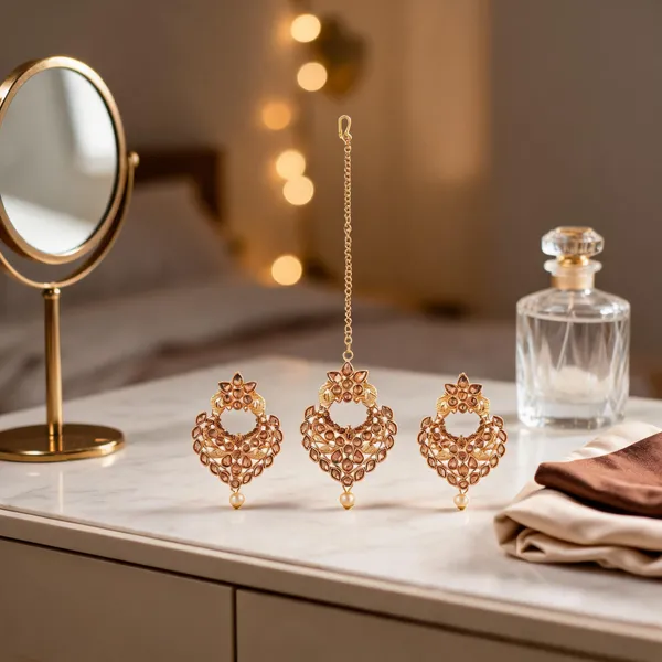 Prizetaa_Lcd_Stone_Brown_And_Golden_Pearl_Triangle_Earrings_With_Maangtikka_Set