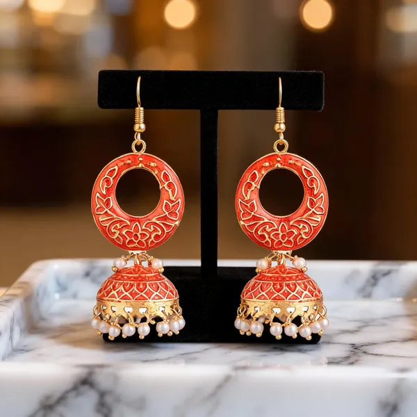 Prizetaa_Orange_Meenakari_With_Pearl_Circle_Hook_Earrings