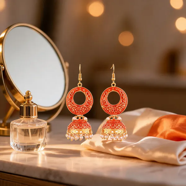 Prizetaa_Orange_Meenakari_With_Pearl_Circle_Hook_Earrings