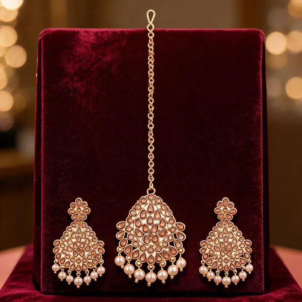 Prizetaa_Lcd_Stone_Brown_And_Golden_Pearl_Oval_Earrings_With_Maangtikka_Set