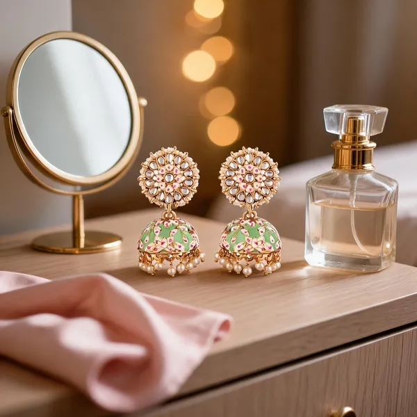 Prizetaa_Green_Meenakari_With_Pearl_Jhumki_Earrings