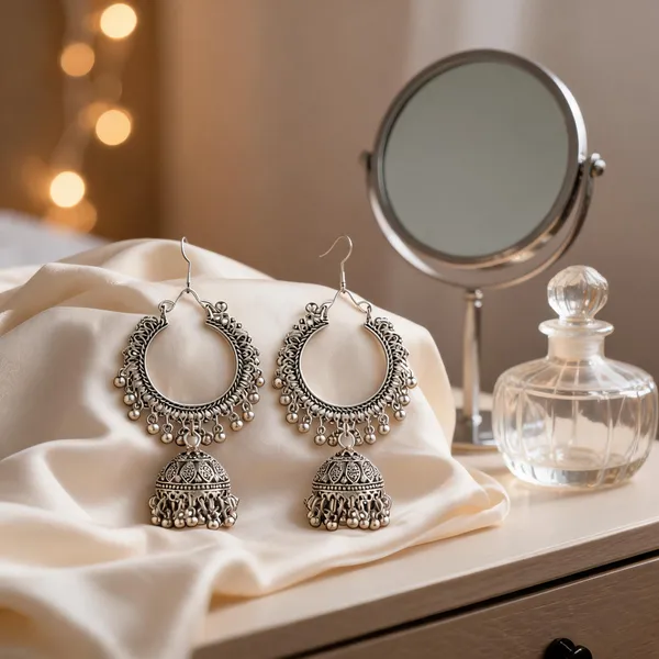 Prizetaa_Silver_Jhalar_Chandbali_Hook_Jhumki_Earrings