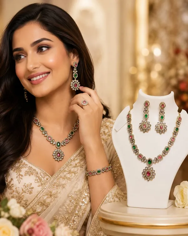 Multicolour_American_Diamond_Pink_Emerald_Floral_Jewellery_Set_For_Women