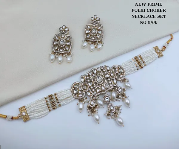 White_Gold_Polki_Kundan_Faux_Pearl_American_Diamond_Choker_Set_For_Women