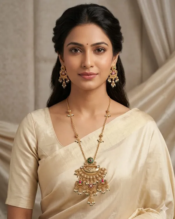 Gold_Antique_Copper_Alloy_Traditional_Long_Necklace_Set_For_Women