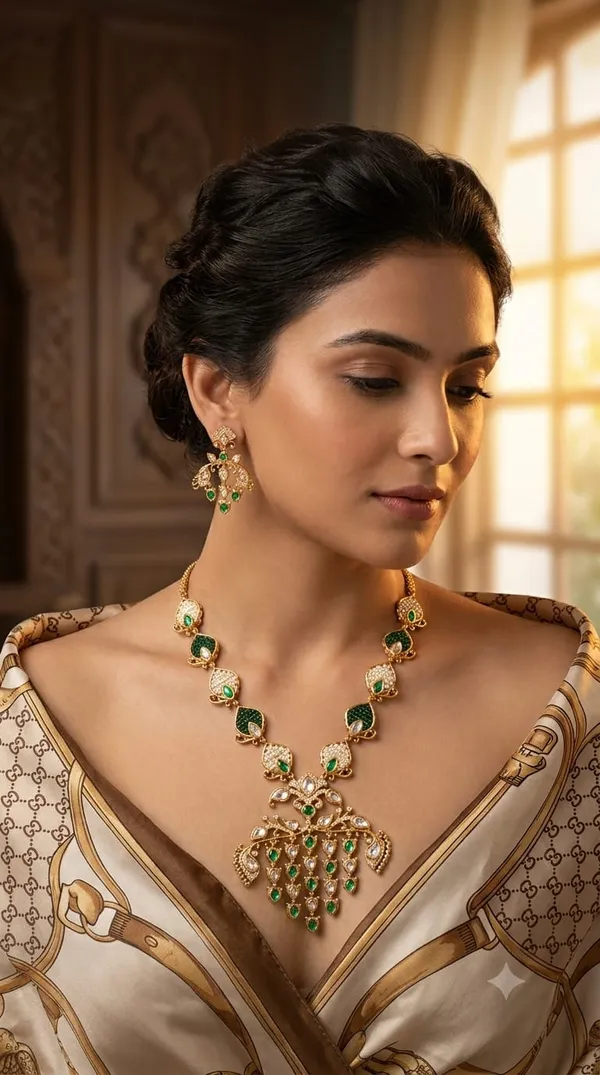 Gold_Green_Emerald_Polki_American_Diamond_Necklace_Earring_Set_For_Women