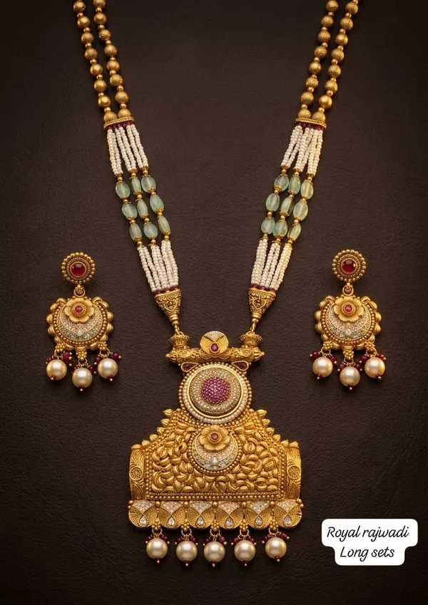 Antique_Gold_Pearl_Beaded_Rajwadi_Long_Necklace_Earring_Set_For_Women
