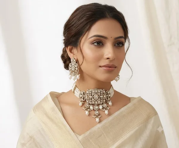 White_Gold_Polki_Kundan_Faux_Pearl_American_Diamond_Choker_Set_For_Women