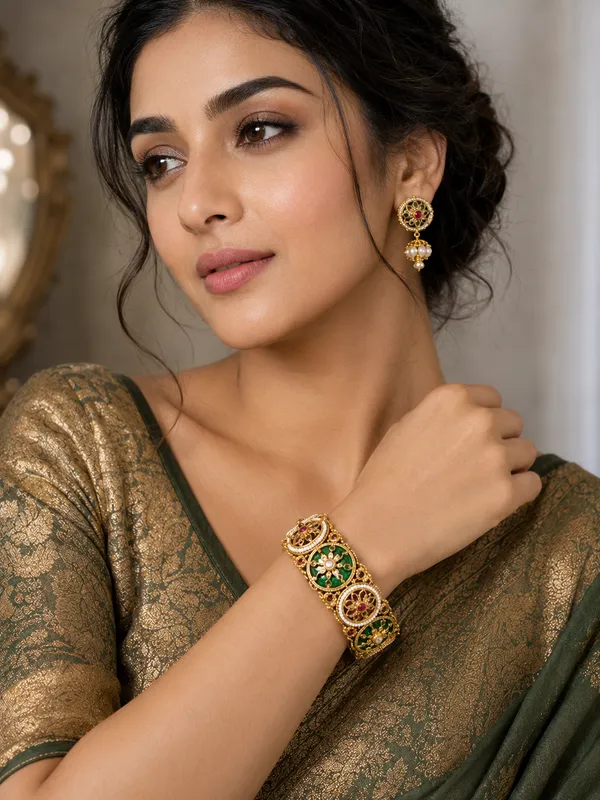 Gold_Green_Kundan_Meenakari_Antique_Floral_Bangle_Set_For_Women