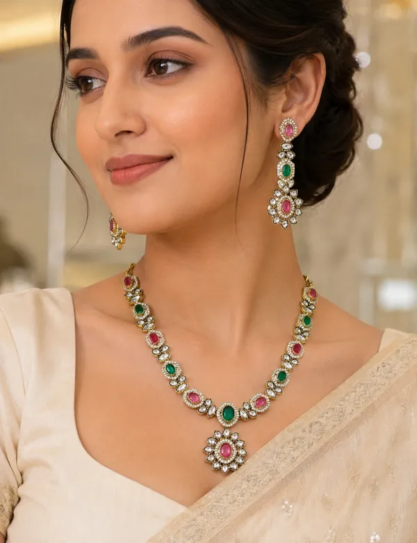 Multicolour_American_Diamond_Pink_Emerald_Floral_Jewellery_Set_For_Women