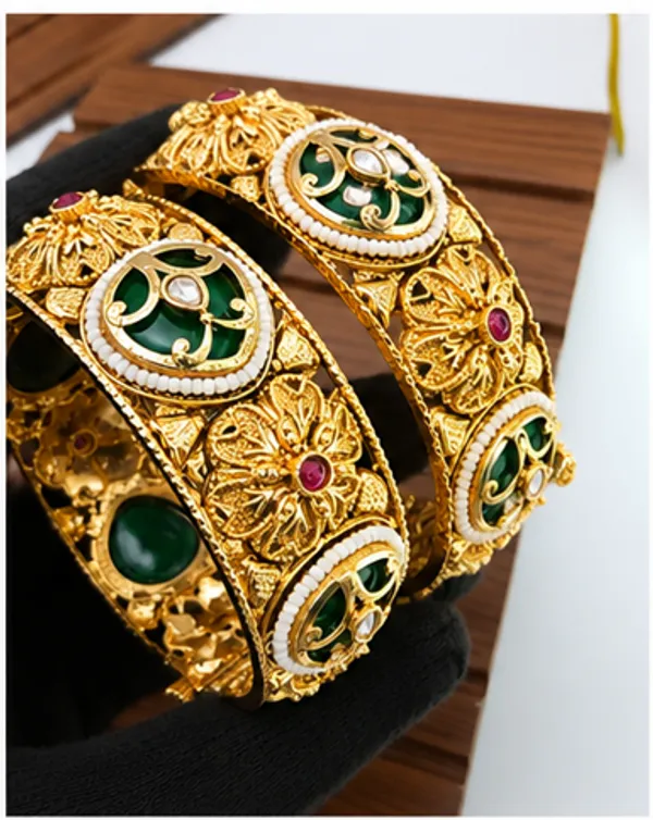 Gold_Green_Kundan_Meenakari_Antique_Floral_Openable_Bangle_Set_For_Women