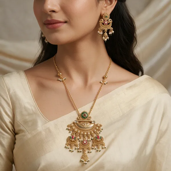Gold_Antique_Copper_Alloy_Traditional_Long_Necklace_Set_For_Women