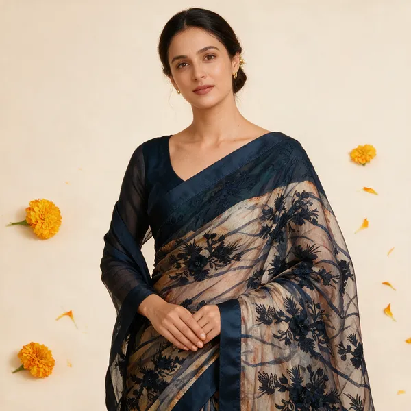 Cream_And_Navy_Blue_Soft_Net_Saree_For_Women