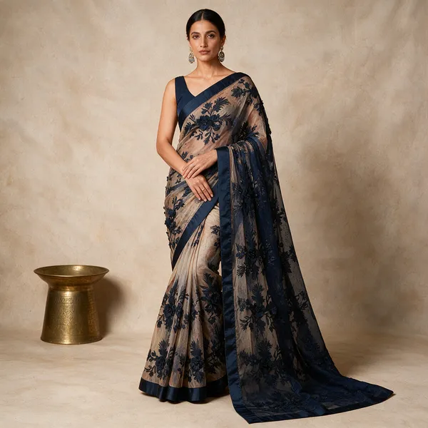 Cream_And_Navy_Blue_Soft_Net_Saree_For_Women