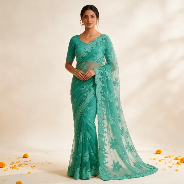 Teal_Soft_Net_Saree_For_Women