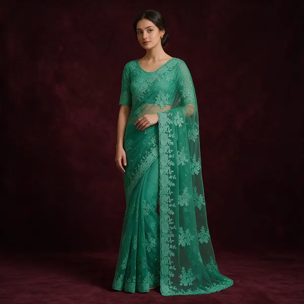 Teal_Soft_Net_Saree_For_Women