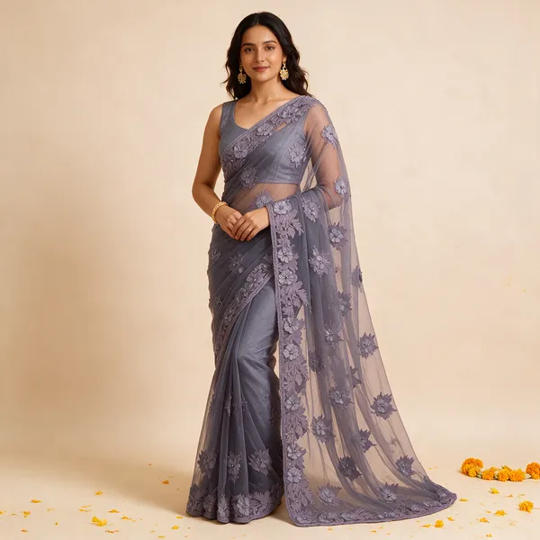 Grey_Soft_Net_Saree_For_Women