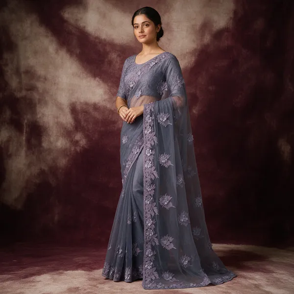 Grey_Soft_Net_Saree_For_Women