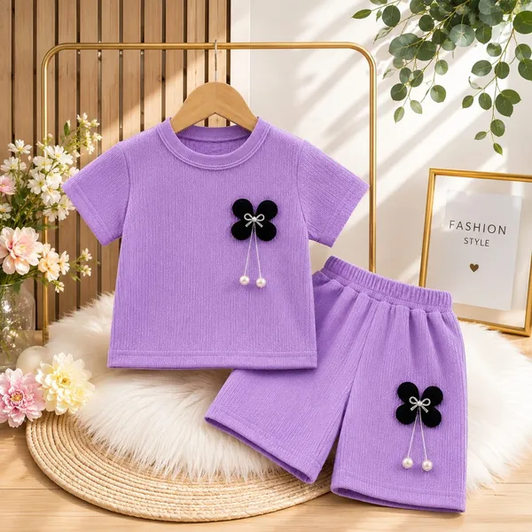 Purple_Ribbed_Cotton_Short_Sleeve_Co_Ord_Set_For_Girls