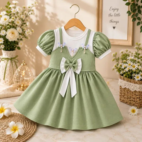 Green_And_White_Ribbed_Cotton_Puff_Sleeve_Bow_Detail_Dress_For_Girls