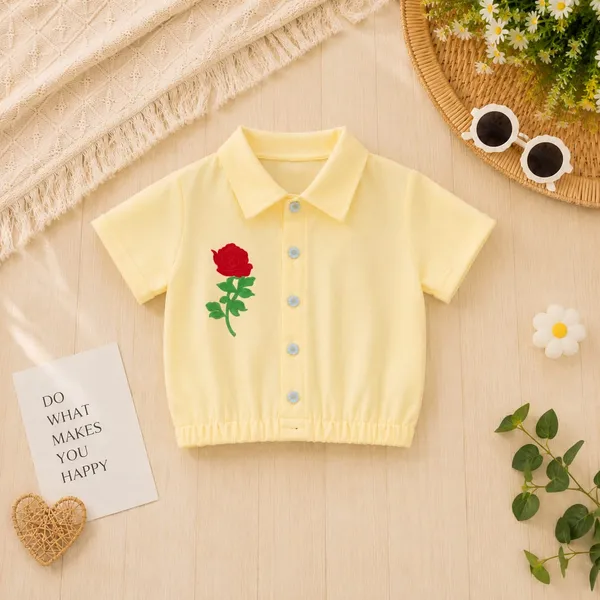 Yellow_Cotton_Blend_Collared_Floral_Applique_Shirt_And_Pants_Set_For_Girls