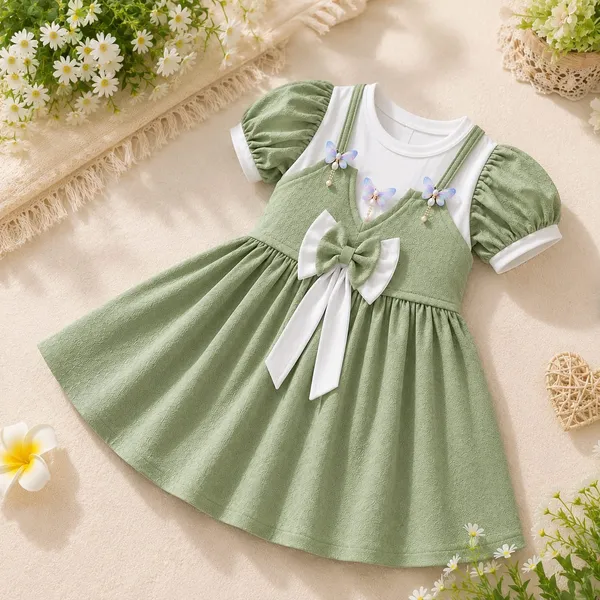 Green_And_White_Ribbed_Cotton_Puff_Sleeve_Bow_Detail_Dress_For_Girls