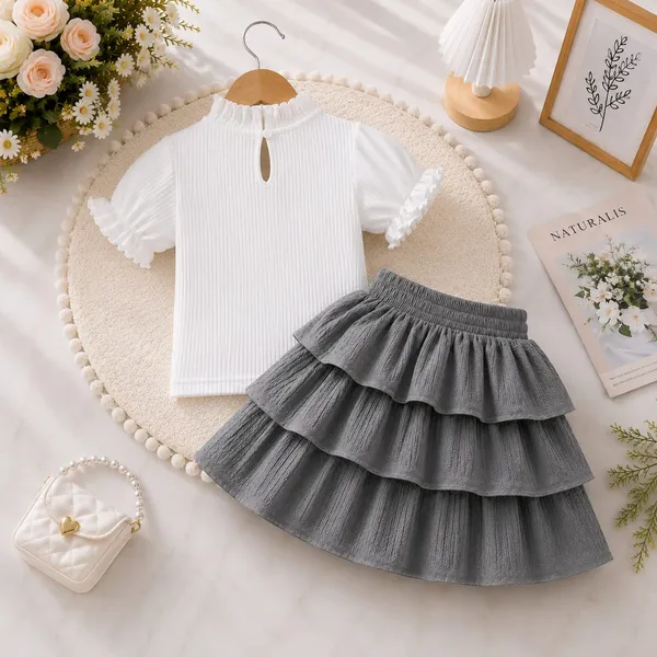 White_And_Grey_Ribbed_Cotton_Ruffled_Top_And_Tiered_Skirt_Set_For_Girls